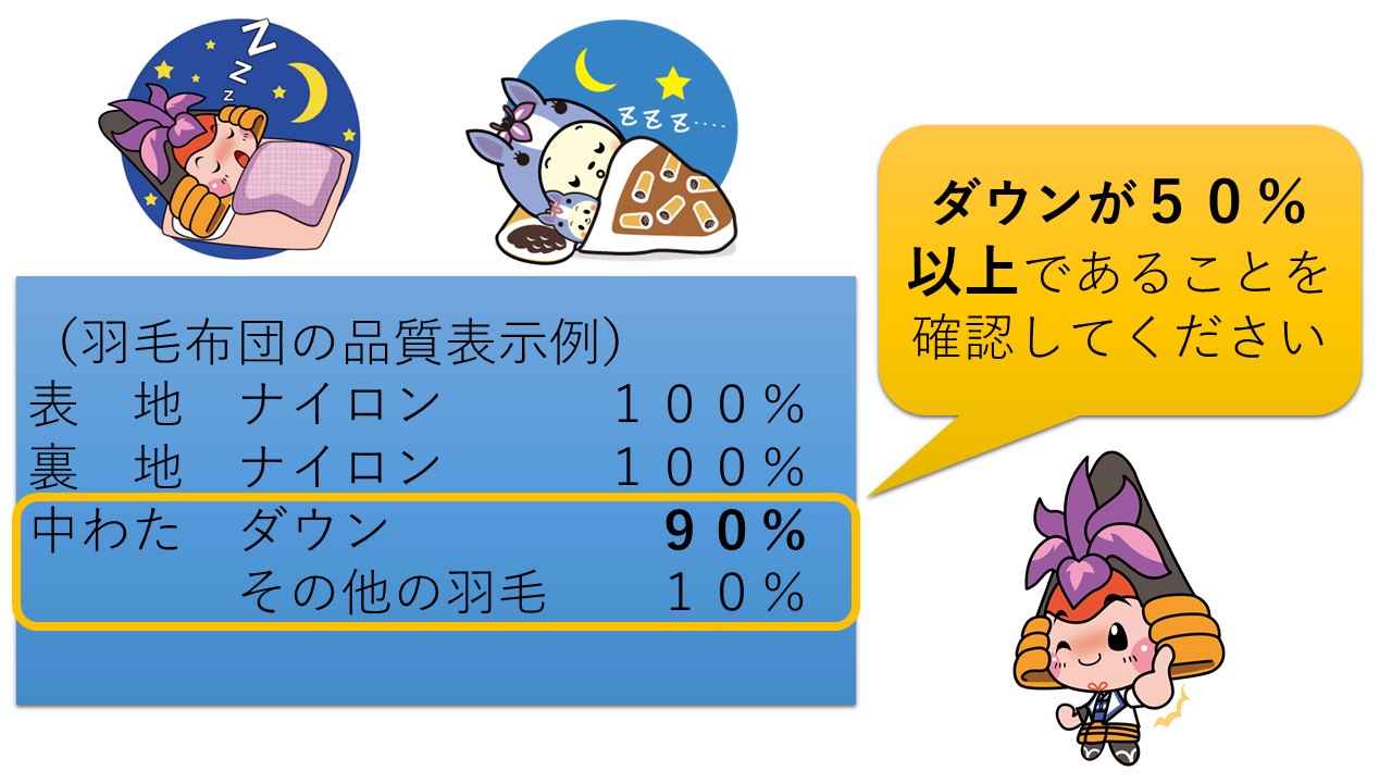 製品の品質表示タグ等で、「中わた」の項目の「ダウン」が50％以上であることを確認してください